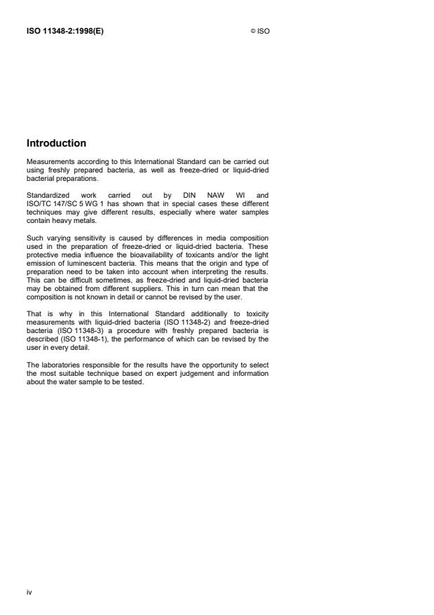 ISO 11348-2:1998 ISO 11348-2:1998 - Water quality -- Determination of the inhibitory effect of water samples on the light emission of Vibrio fischeri (Luminescent bacteria test) - Page 4 preview