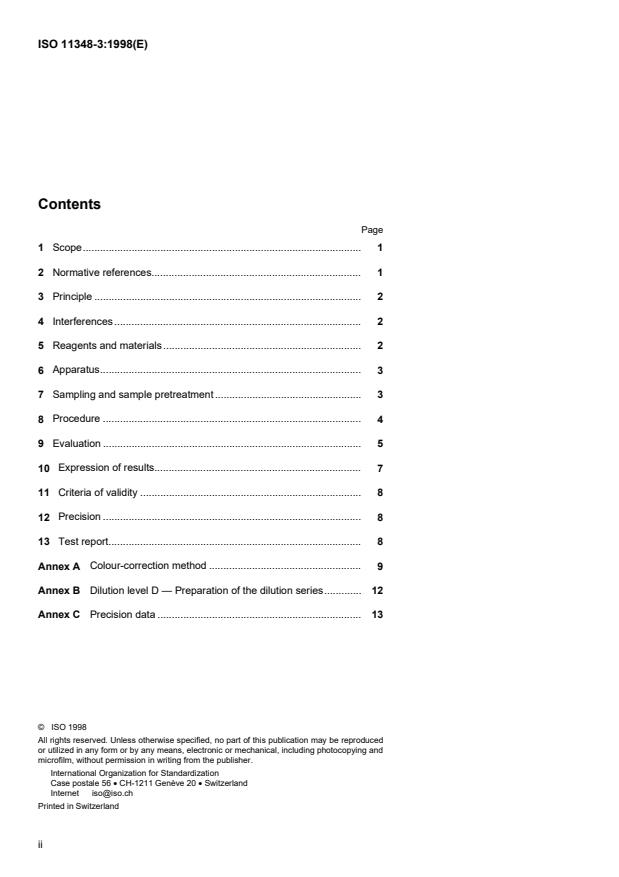ISO 11348-3:1998 ISO 11348-3:1998 - Water quality -- Determination of the inhibitory effect of water samples on the light emission of Vibrio fischeri (Luminescent bacteria test) - Page 2 preview