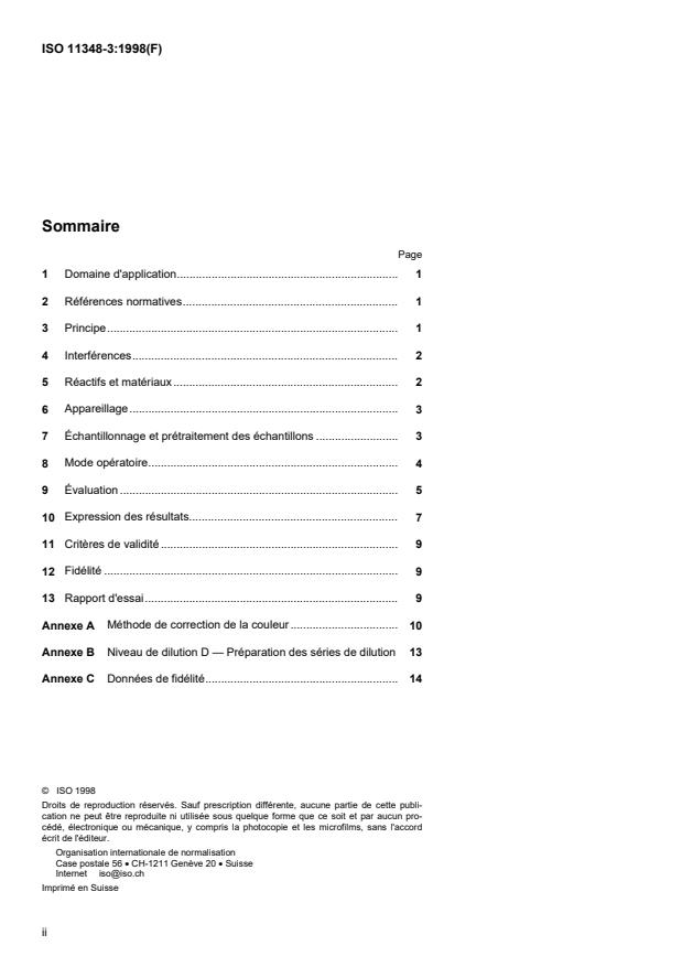 ISO 11348-3:1998 ISO 11348-3:1998 - Qualité de l'eau -- Détermination de l'effet inhibiteur d'échantillons d'eau sur la luminescence de Vibrio fischeri (Essai de bactéries luminescentes) - Page 2 preview