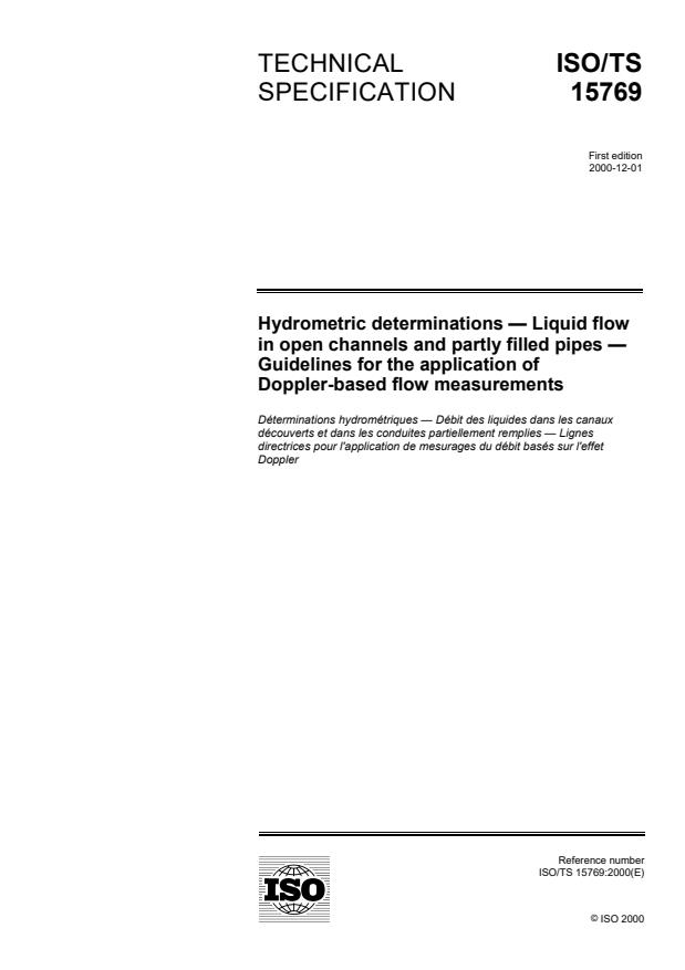 ISO/TS 15769:2000 - Hydrometric determinations -- Liquid flow in open channels and partly filled pipes -- Guidelines for the application of Doppler-based flow measurements