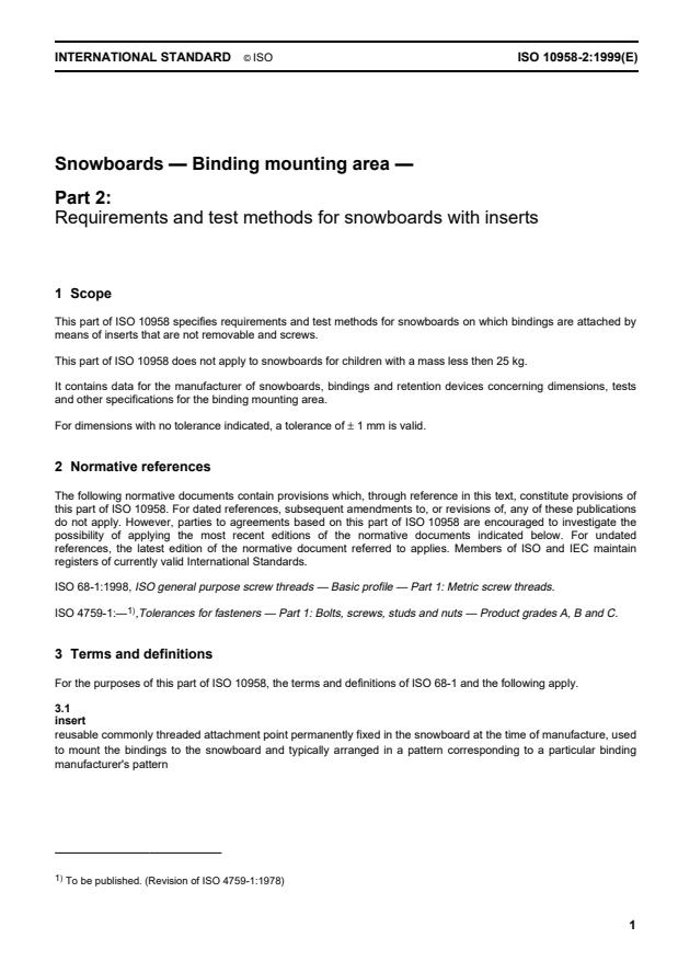 ISO 10958-2:1999 - Snowboards -- Binding mounting area