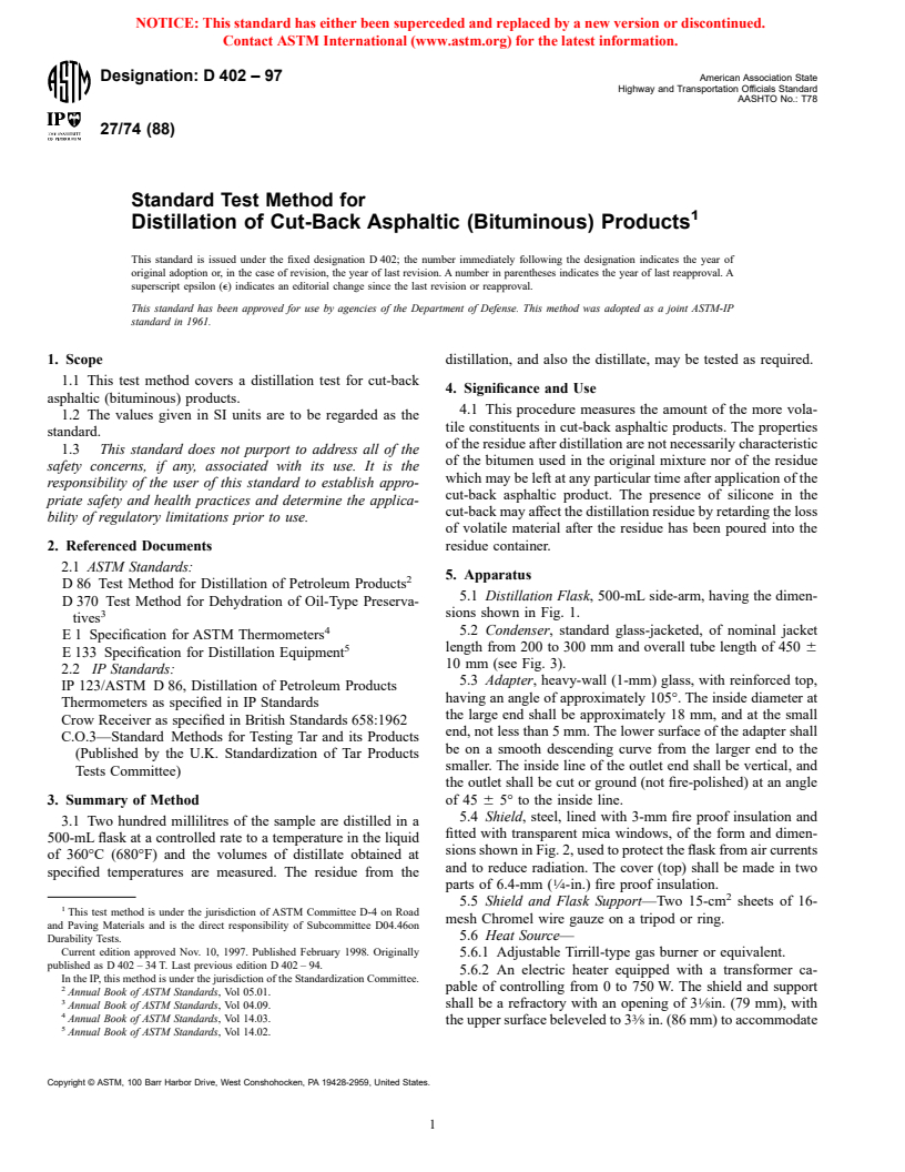 ASTM D402-97 - Standard Test Method for Distillation of Cut-Back Asphaltic (Bituminous) Products