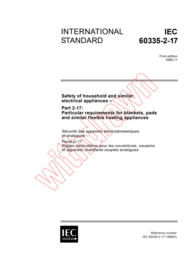 IEC 60335-2-17:1998 - Safety of household and similar electrical appliances - Part 2-17: Particular requirements for blankets, pads and similar flexible heating appliances
Released:11/24/1998
Isbn:2831845440