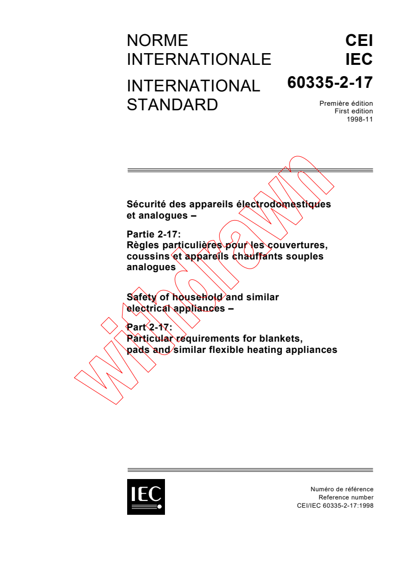 IEC 60335-2-17:1998 - Safety of household and similar electrical appliances - Part 2-17: Particular requirements for blankets, pads and similar flexible heating appliances
Released:11/24/1998
Isbn:2831847982