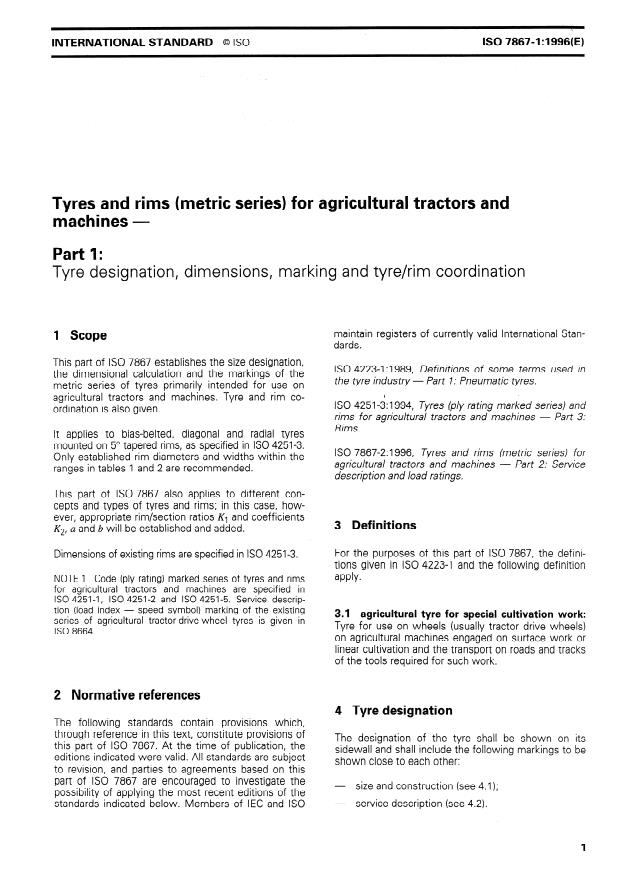 ISO 7867-1:1996 - Tyres and rims (metric series) for agricultural tractors and machines