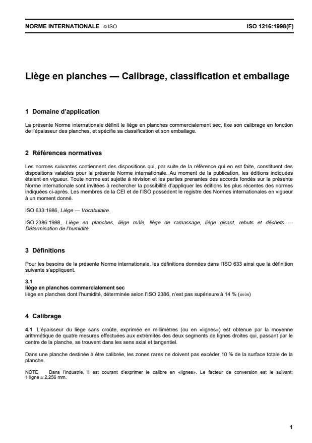 ISO 1216:1998 - Liege en planches -- Calibrage, classification et emballage