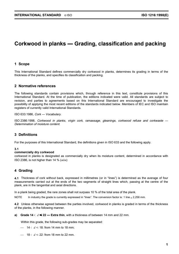 ISO 1216:1998 - Corkwood in planks -- Grading, classification and packing