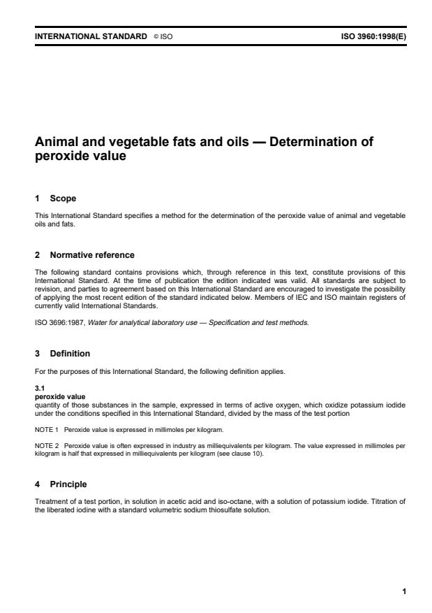 ISO 3960:1998 - Animal and vegetable fats and oils -- Determination of peroxide value