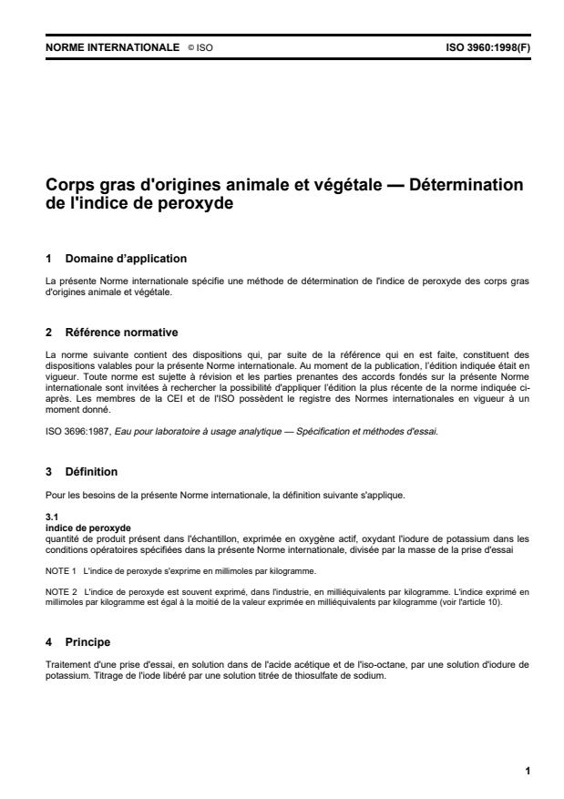 ISO 3960:1998 - Corps gras d'origines animale et végétale -- Détermination de l'indice de peroxyde