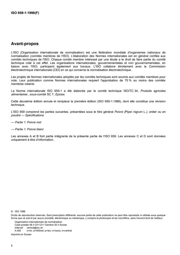 ISO 959-1:1998 ISO 959-1:1998 - Poivre (Piper nigrum L.), entier ou en poudre -- Spécifications - Page 2 preview