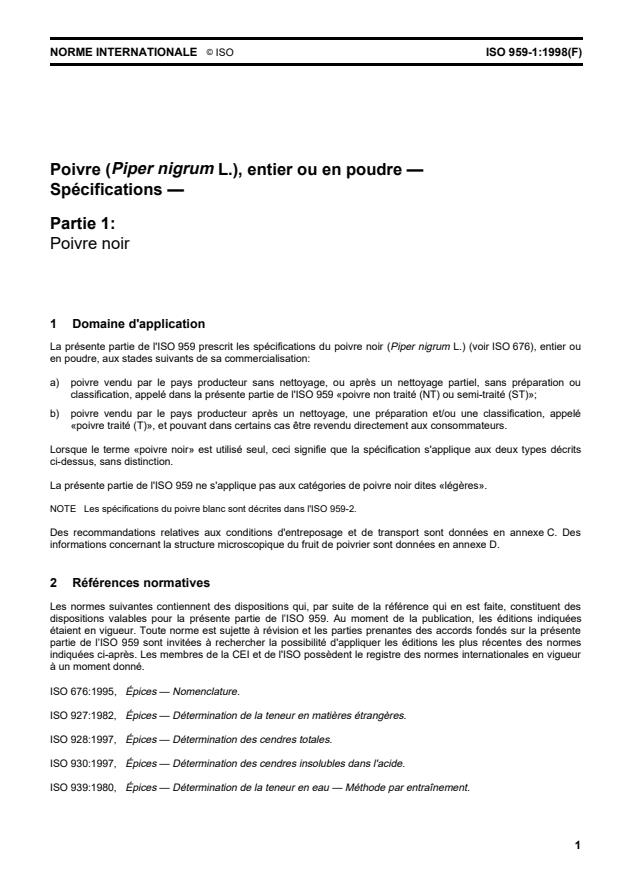 ISO 959-1:1998 - Poivre (Piper nigrum L.), entier ou en poudre -- Spécifications