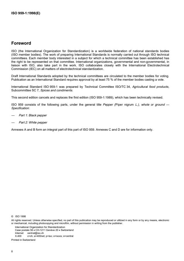 ISO 959-1:1998 ISO 959-1:1998 - Pepper (Piper nigrum L.), whole or ground -- Specification - Page 2 preview