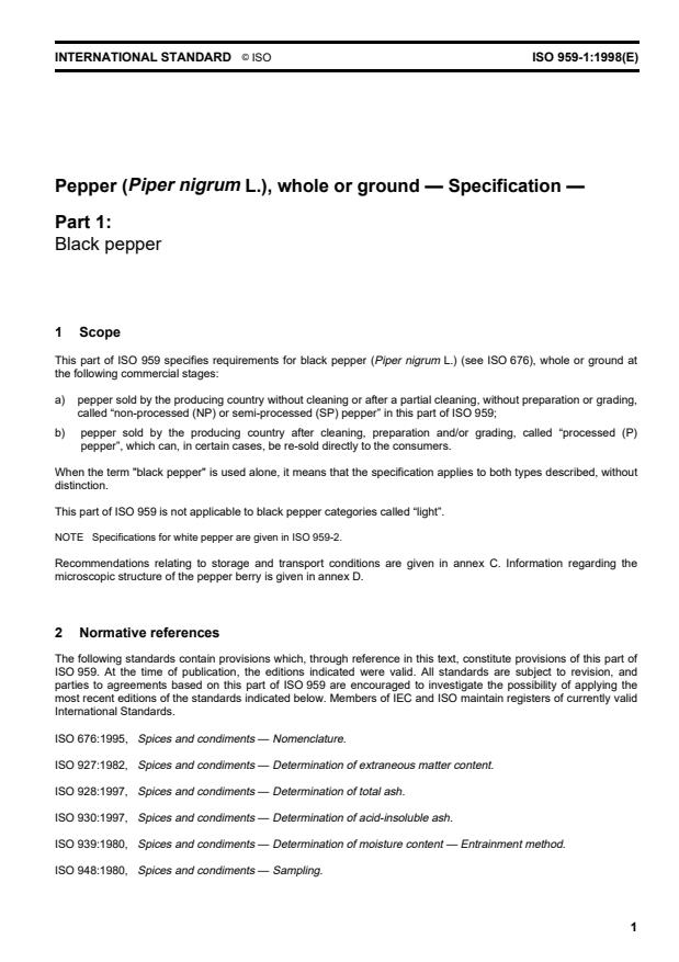 ISO 959-1:1998 - Pepper (Piper nigrum L.), whole or ground -- Specification