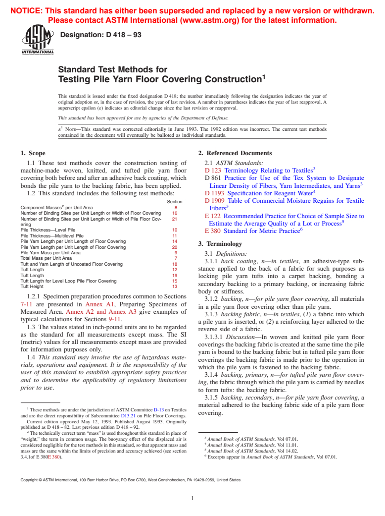 ASTM D418-93 - Standard Methods of Testing Pile Yarn Floor Covering Construction (Withdrawn 1998)