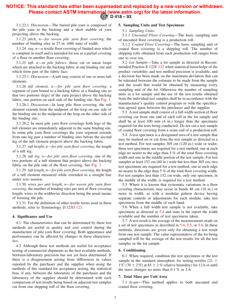 ASTM D418-93 - Standard Methods of Testing Pile Yarn Floor Covering Construction (Withdrawn 1998)