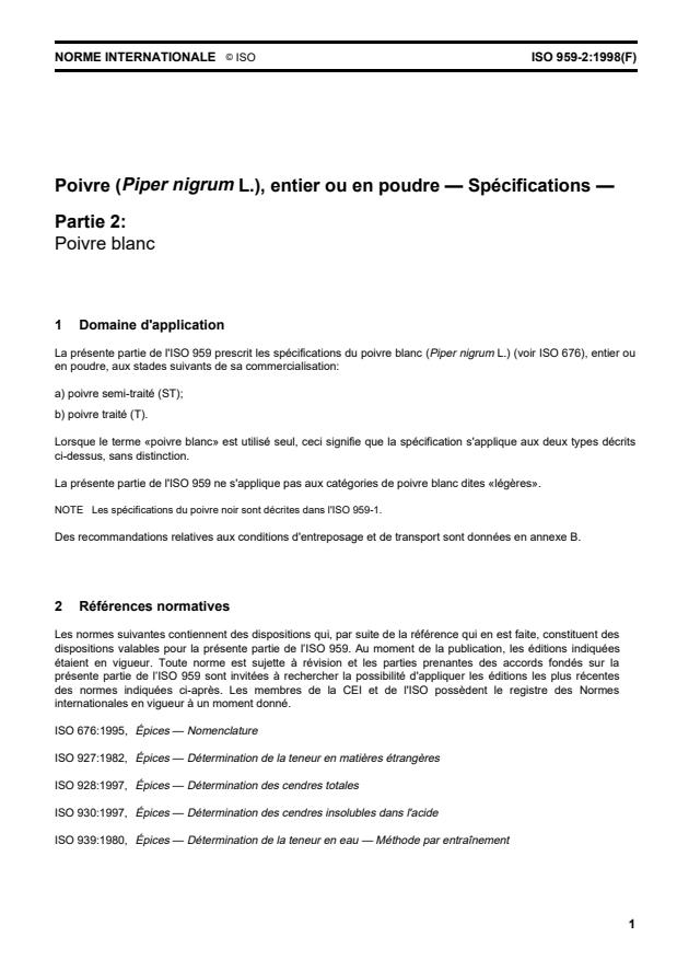 ISO 959-2:1998 - Poivre (Piper nigrum L.), entier ou en poudre -- Spécifications