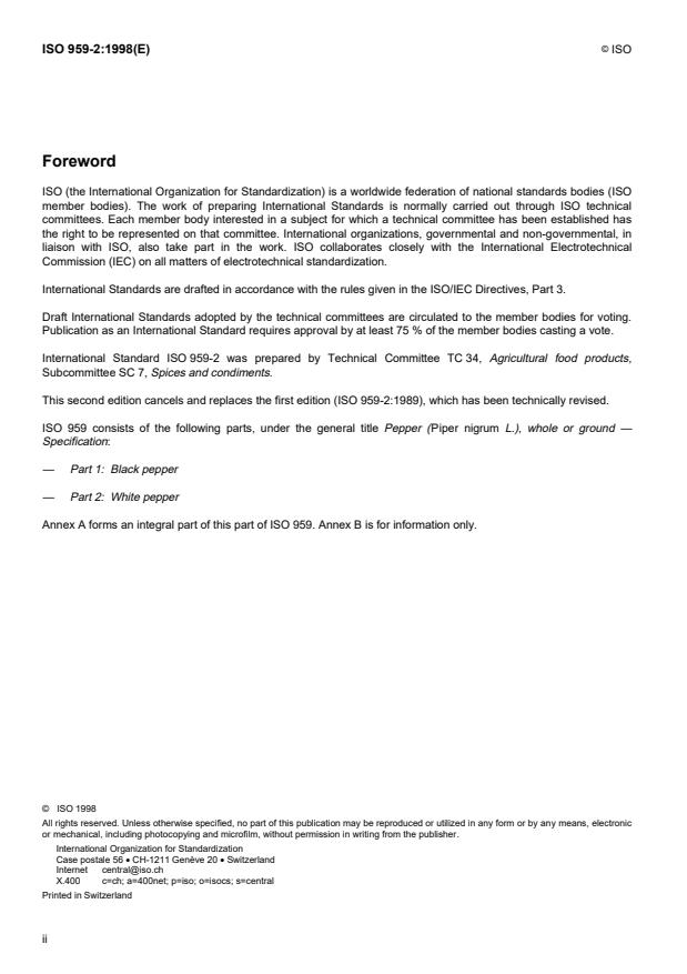 ISO 959-2:1998 ISO 959-2:1998 - Pepper (Piper nigrum L.), whole or ground -- Specification - Page 2 preview