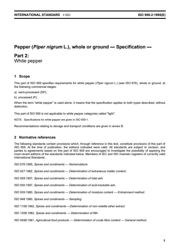 ISO 959-2:1998 - Pepper (Piper nigrum L.), whole or ground -- Specification