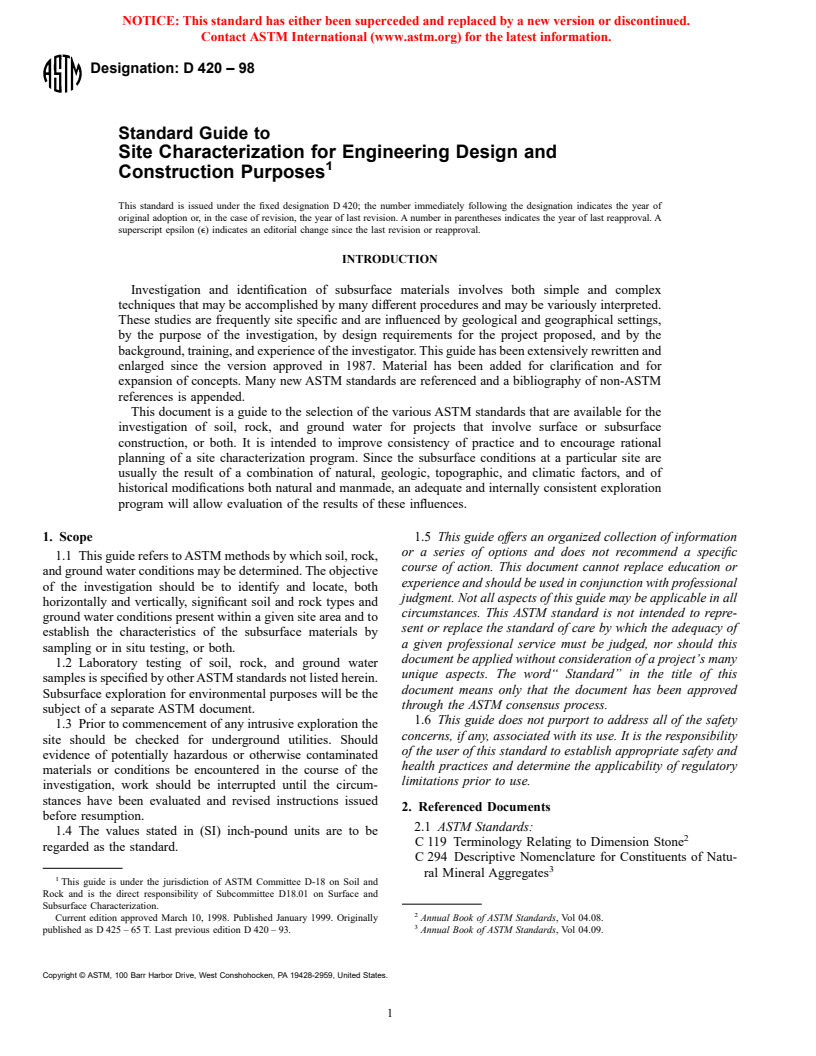 ASTM D420-98 - Guide to Site Characterization for Engineering, Design, and Construction Purposes