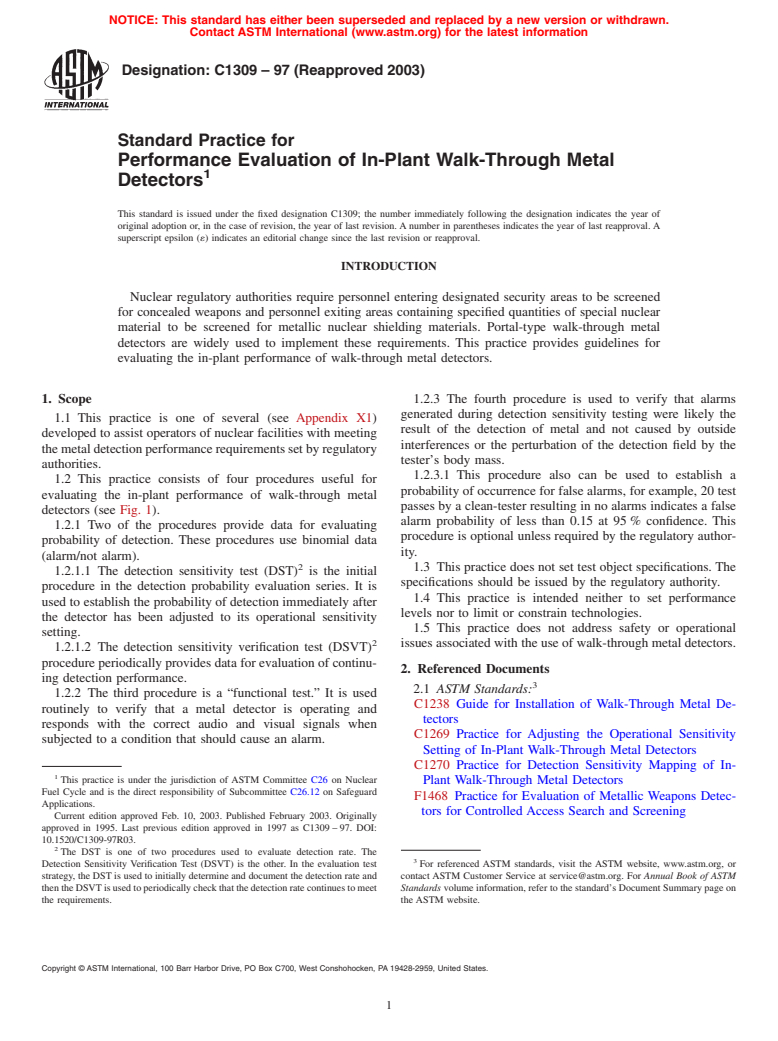 ASTM C1309-97(2003) - Standard Practice for Performance Evaluation of In-Plant Walk-Through Metal Detectors