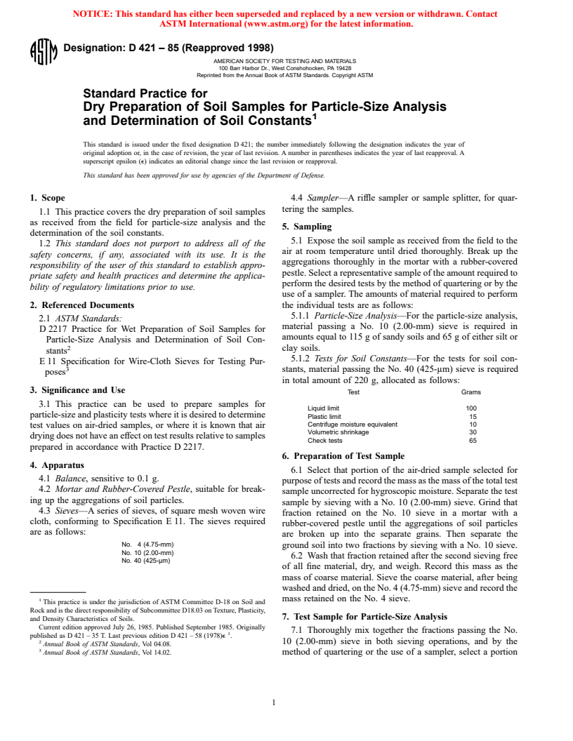 ASTM D421-85(1998) - Standard Practice for Dry Preparation of Soil Samples for Particle-Size Analysis and Determination of Soil Constants