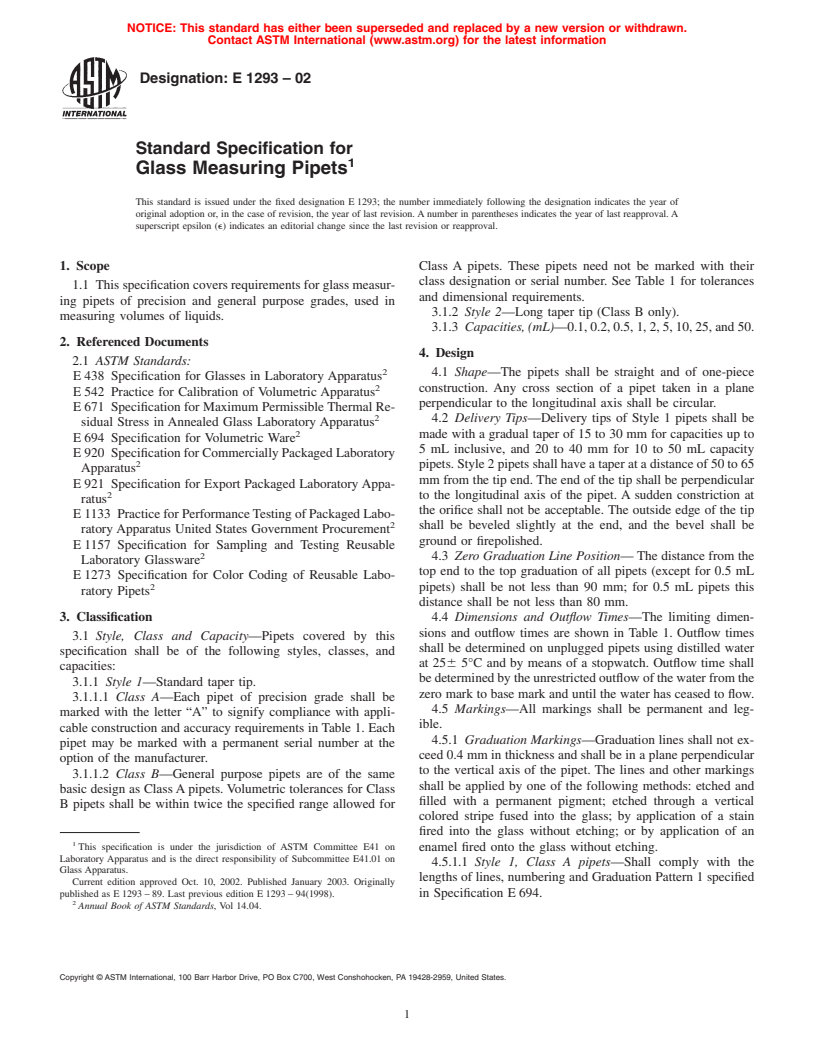ASTM E1293-02 - Standard Specification for Glass Measuring Pipets