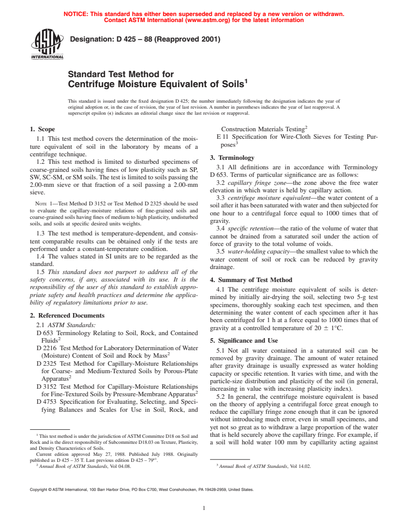 ASTM D425-88(2001) - Standard Test Method for Centrifuge Moisture Equivalent of Soils