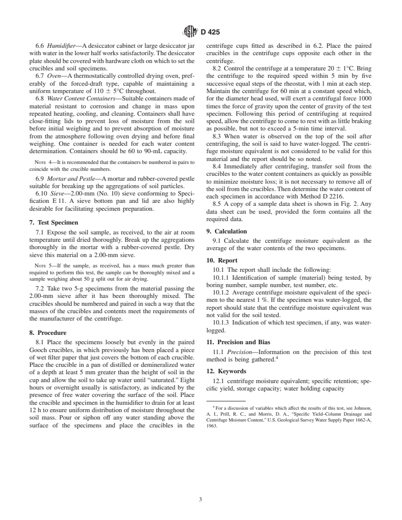 ASTM D425-88(2001) - Standard Test Method for Centrifuge Moisture Equivalent of Soils