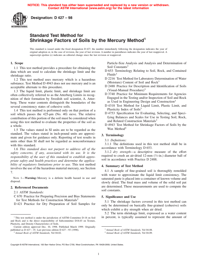 ASTM D427-98 - Test Method for Shrinkage Factors of Soils by the Mercury Method