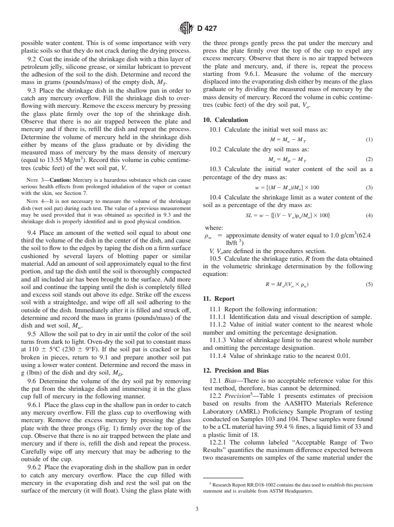 ASTM D427-98 - Test Method for Shrinkage Factors of Soils by the Mercury Method