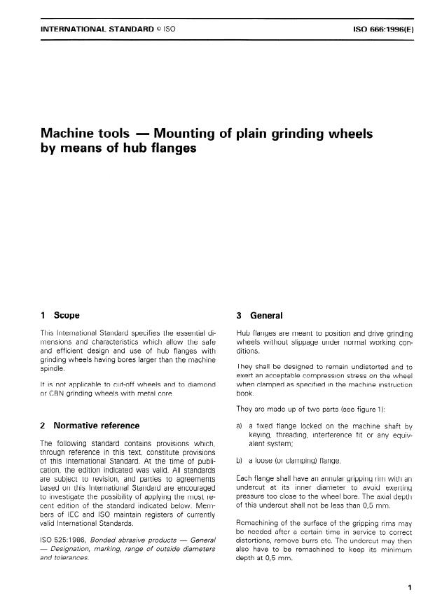 ISO 666:1996 - Machine tools -- Mounting of plain grinding wheels by means of hub flanges