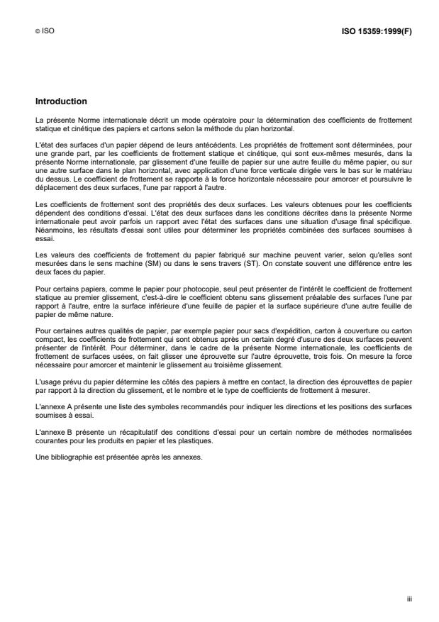 ISO 15359:1999 - Papier et carton -- Détermination des coefficients de frottement statique et cinétique -- Méthode du plan horizontal