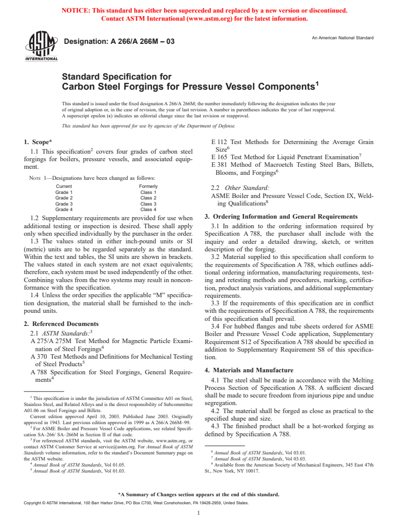 ASTM A266/A266M-03 - Standard Specification for Carbon Steel Forgings for Pressure Vessel Components