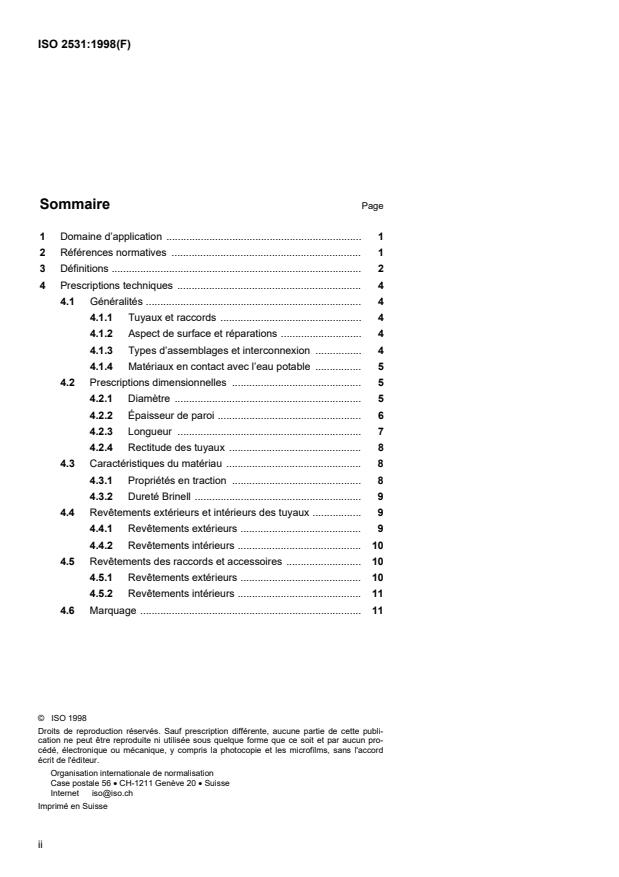 ISO 2531:1998 ISO 2531:1998 - Tuyaux, raccords et accessoires en fonte ductile et leurs assemblages pour l'eau ou le gaz - Page 2 preview