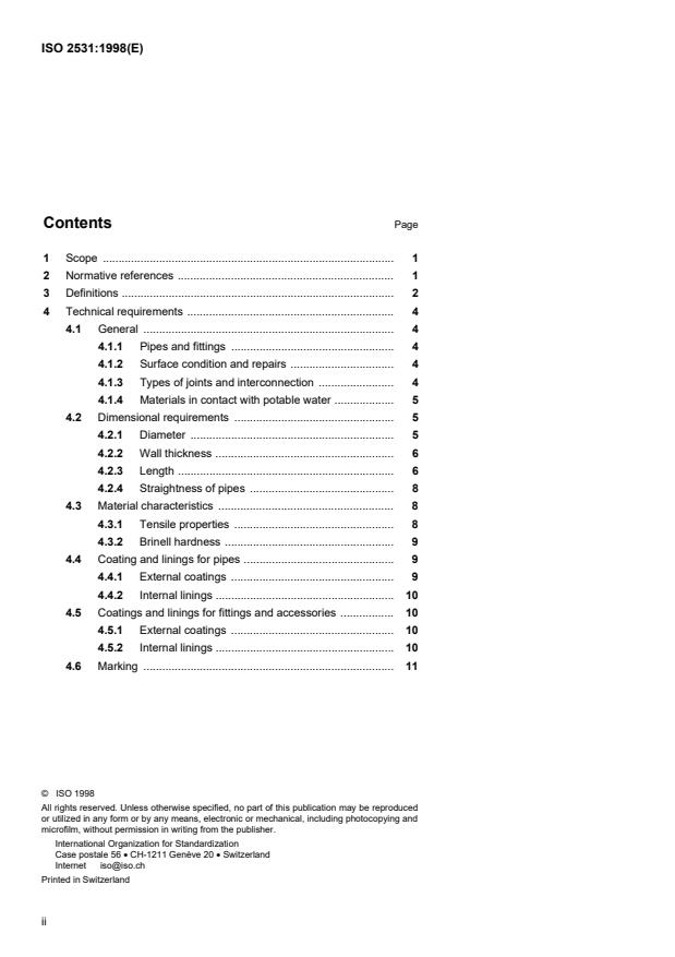 ISO 2531:1998 ISO 2531:1998 - Ductile iron pipes, fittings, accessories and their joints for water or gas applications - Page 2 preview