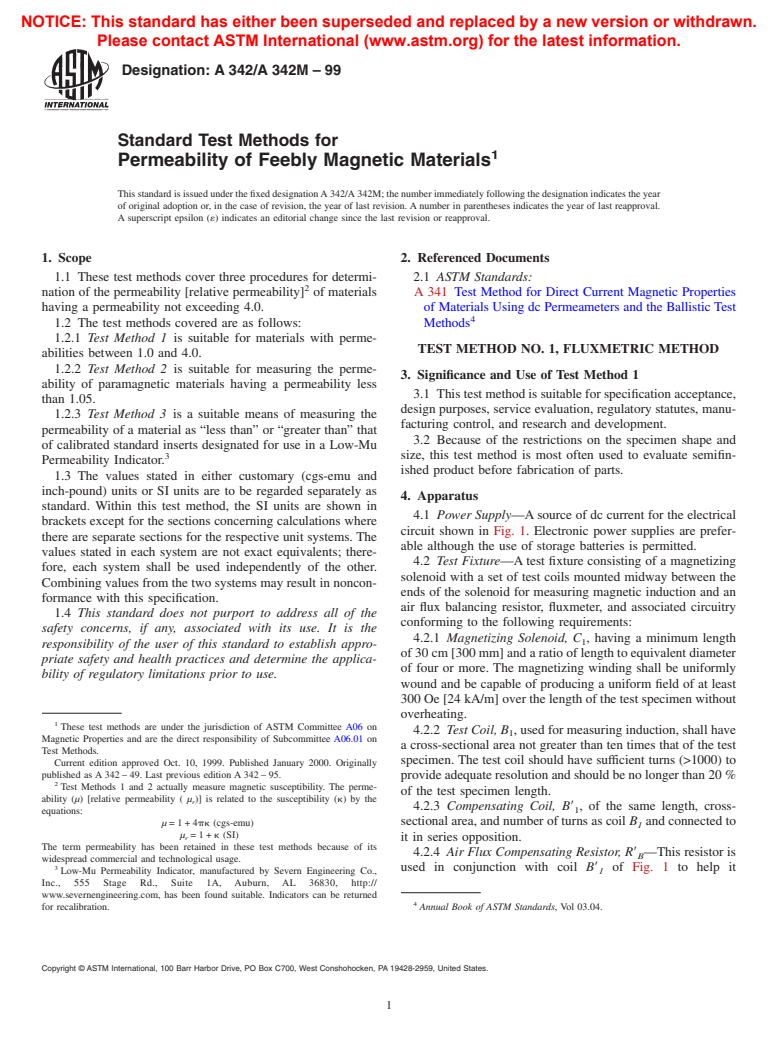 ASTM A342/A342M-99 - Standard Test Methods for Permeability of Feebly Magnetic Materials