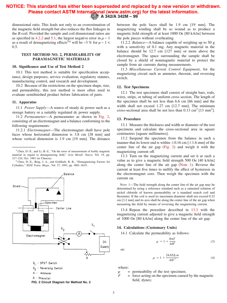 ASTM A342/A342M-99 - Standard Test Methods for Permeability of Feebly Magnetic Materials