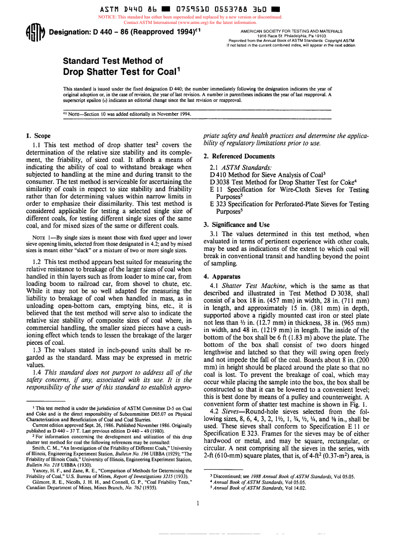 ASTM D440-86(1994)e1 - Standard Test Method of Drop Shatter Test for Coal