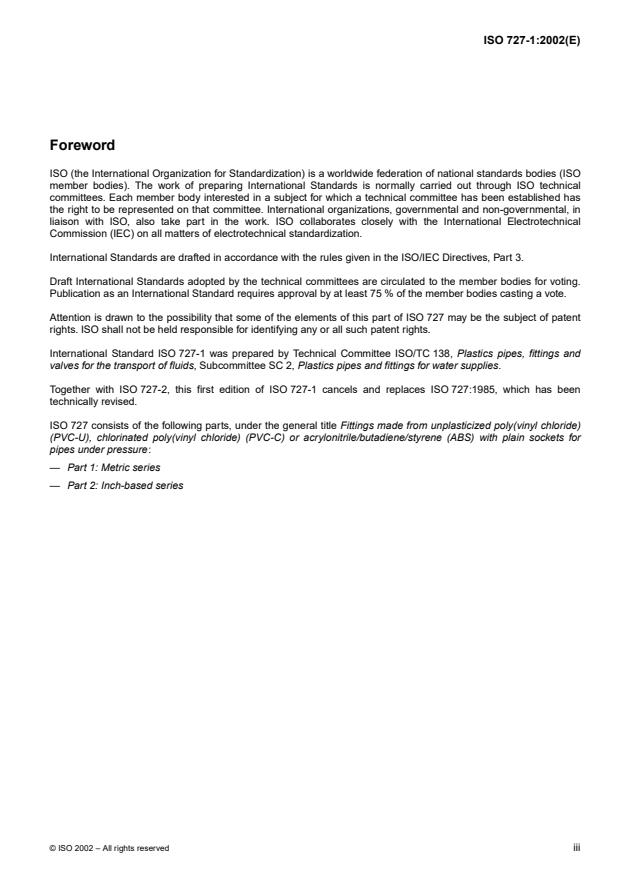 ISO 727-1:2002 - Fittings made from unplasticized poly(vinyl chloride) (PVC-U), chlorinated poly(vinyl chloride) (PVC-C) or acrylonitrile/butadiene/styrene (ABS) with plain sockets for pipes under pressure