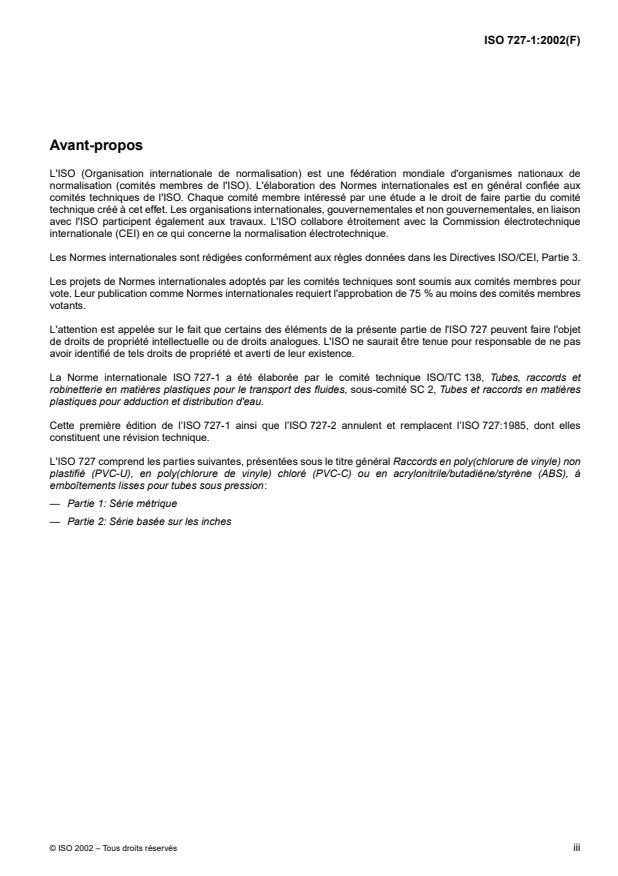 ISO 727-1:2002 - Raccords en poly(chlorure de vinyle) non plastifié (PVC-U), en poly(chlorure de vinyle) chloré (PVC-C) ou en acrylonitrile/butadiene/styrene (ABS), a emboîtements lisses pour tubes sous pression