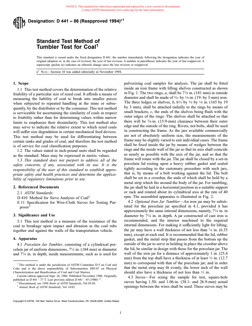 ASTM D441-86(1994)e1 - Standard Test Method of Tumbler Test for Coal