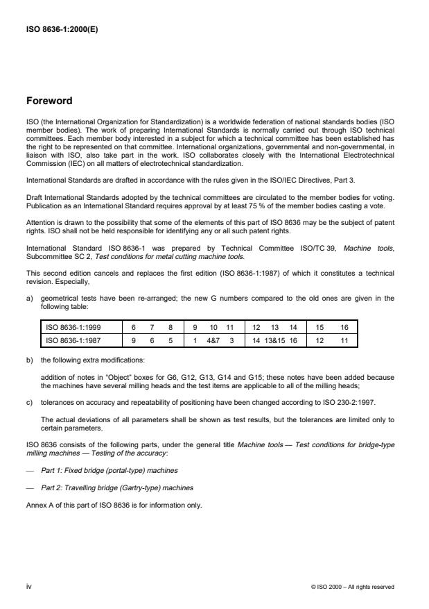 ISO 8636-1:2000 ISO 8636-1:2000 - Machine tools -- Test conditions for bridge-type milling machines -- Testing of the accuracy - Page 4 preview
