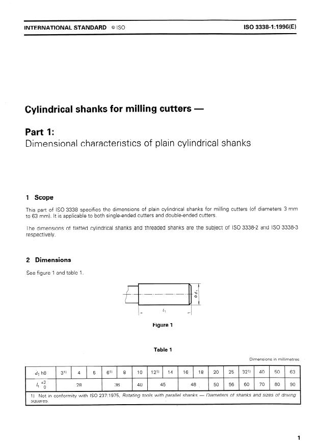 ISO 3338-1:1996 - Cylindrical shanks for milling cutters