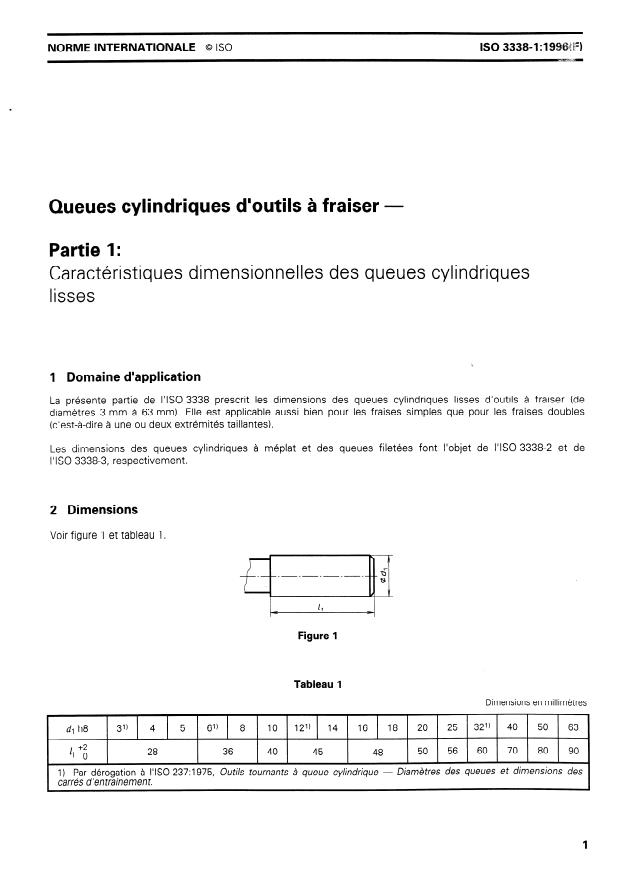 ISO 3338-1:1996 - Queues cylindriques d'outils a fraiser