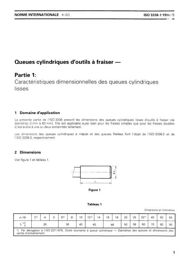 ISO 3338-1:1996 - Queues cylindriques d'outils a fraiser
