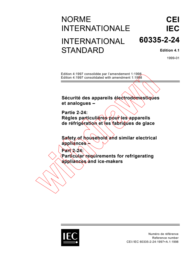 IEC 60335-2-24:1997+AMD1:1998 CSV - Safety of household and similar electrical appliances - Part 2-24: Particular requirements for refrigerating appliances and ice-makers
Released:1/29/1999
Isbn:2831846048