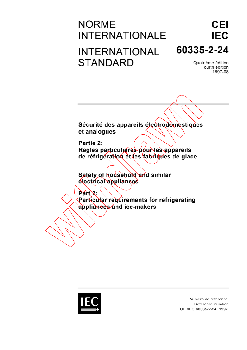 IEC 60335-2-24:1997 - Safety of household and similar electrical appliances - Part 2: Particular requirements for refrigerating appliances and ice-makers
Released:8/14/1997
Isbn:2831839289