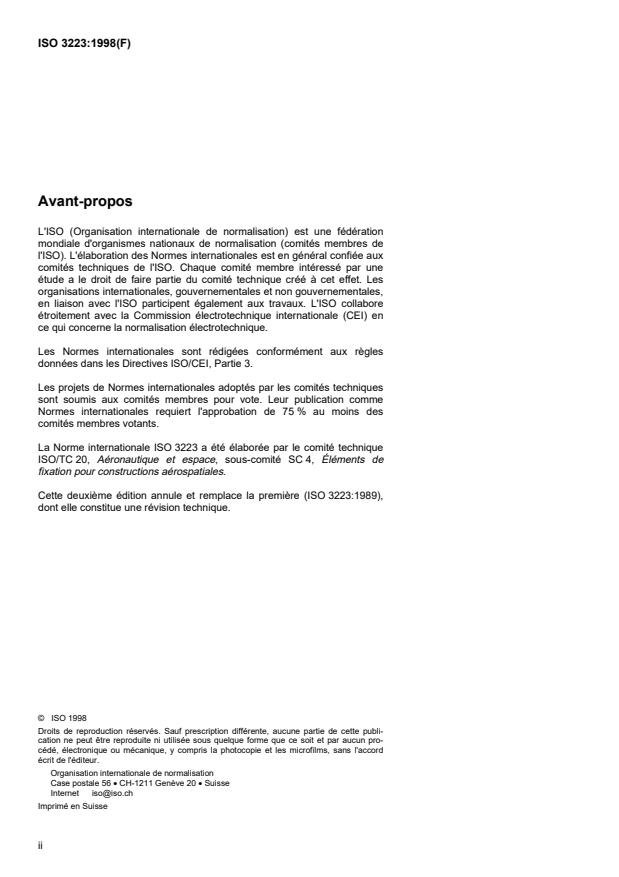 ISO 3223:1998 ISO 3223:1998 - Aéronautique et espace -- Écrous a river, a freinage interne, fixes, double patte, avec chambrage, a filetage MJ, classifications: 1 100 MPa (a température ambiante)/235 degrés C, 1 100 MPa (a température ambiante)/315 degrés C et 1 100 MPa (a température ambiante)/425 degrés C -- Dimensions - Page 2 preview