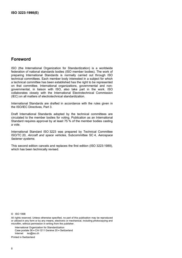ISO 3223:1998 ISO 3223:1998 - Aerospace -- Nuts, anchor, self-locking, fixed, two lug, with counterbore, with MJ threads, classifications: 1 100 MPa (at ambient temperature )/235 degrees C, 1 100 MPa (at ambient temperature )/315 degrees C and 1 100 MPa (at ambient temperature)/425 degrees C -- Dimensions - Page 2 preview