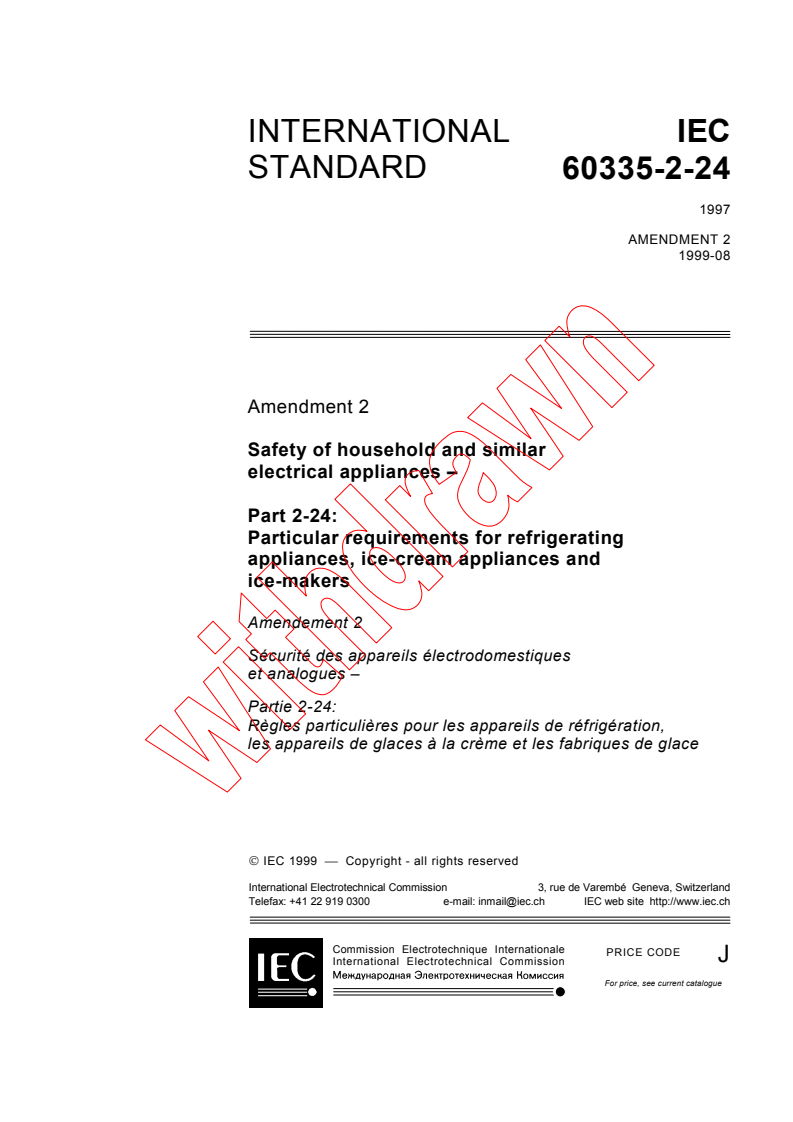 IEC 60335-2-24:1997/AMD2:1999 - Amendment 2 - Safety of household and similar electrical appliances - Part 2-24: Particular requirements for refrigerating appliances and ice-makers
Released:8/6/1999
Isbn:2831848849